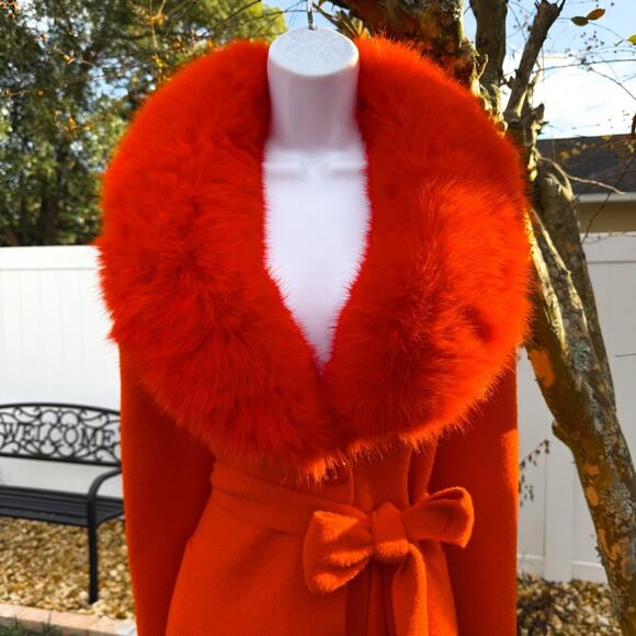 Orange Faux Fur Collar Maxi Wrap Coat – Glam Winter Statement – Size Large - Picture 3 of 9